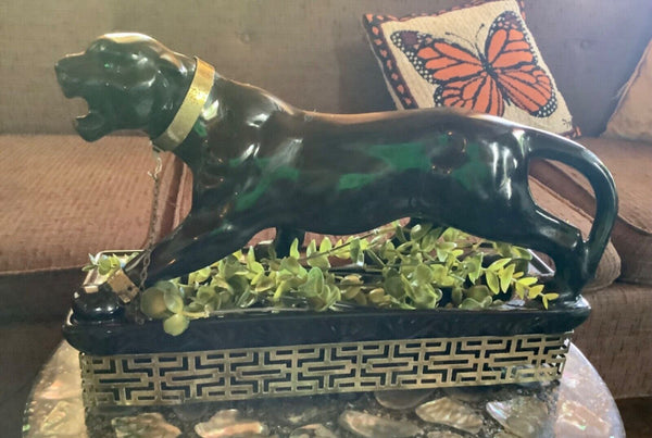Vintage mid century mcm Black Panther cat  Green Eyes Lane TV Lamp Brass base