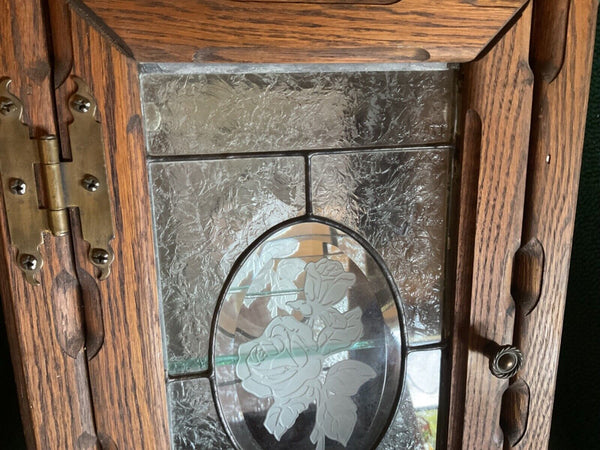 Antique Vtg Oak Wood wall Medicine Cabinet chest Glass Shelf etched roses mirror