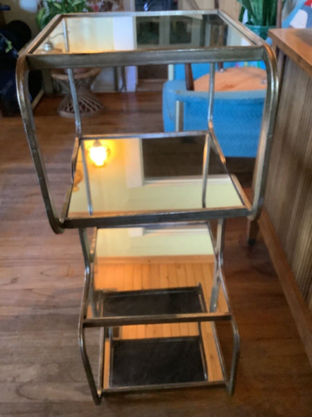 Vtg Brass gold  mirror Plant Stand Table Metal geometric mcm Regency mid century