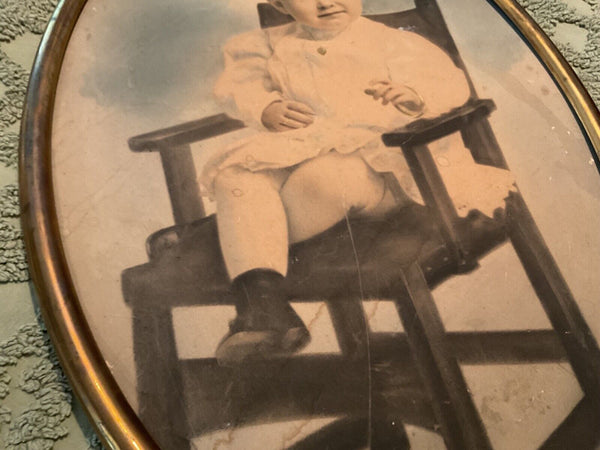 Antique Oval Brass Frame no Bubble Glass Vintage child Photo photograph