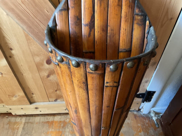 Vtg wood BAMBOO  HANGING wall POCKET PLANTER mid century boho mcm