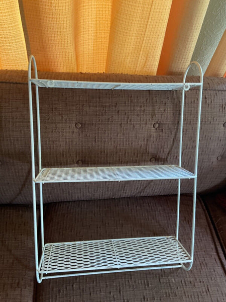 VTG Metal mesh wire 3 Tiered Wall Mid Century Modern White Shelf towel rack mcm
