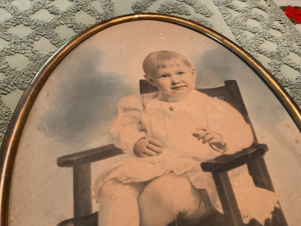 Antique Oval Brass Frame no Bubble Glass Vintage child Photo photograph