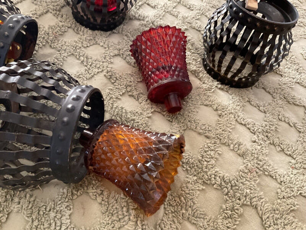 VINTAGE BLACK METAL CAGE CANDLE HOLDER SET 2 RED GLASS VOLTIVE MCM GOTHIC RETRO