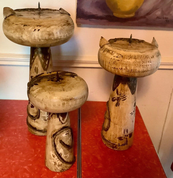 Vtg lot 3 mid century modern retro wood wooden Cat Candle holders candelabra