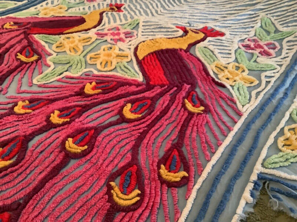 Vintage red pink Blue Peacock & Flowers  Chenille Bedspread  Flaws