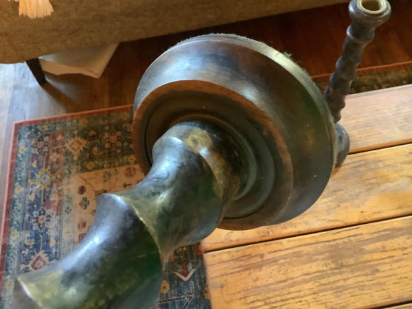 Antique  vtg English Oak Wooden Barley Twist Candlestick Brass Thistle Holders