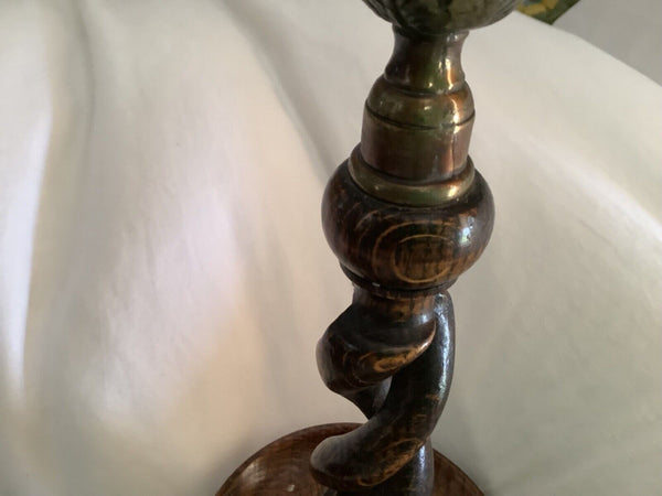 Pair  Brass oak Wood “ BARLEY TWIST” Candlesticks candle holder Vintage antique
