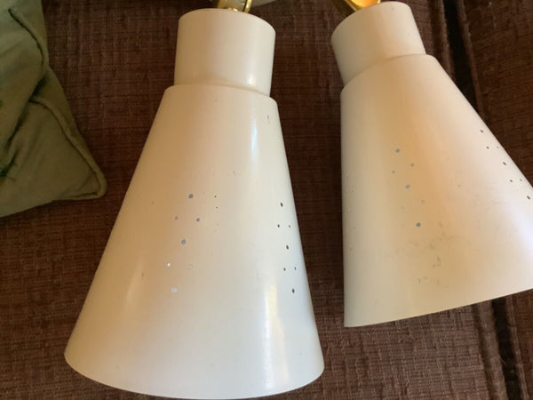 Vintage white double Dual Cone Light Fixture lamp '50's Mid Century modern mcm