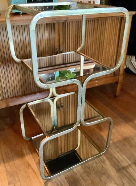 Vtg Brass gold  mirror Plant Stand Table Metal geometric mcm Regency mid century