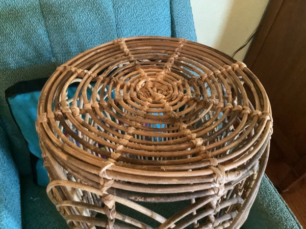 Vtg end table Plant Stand Ottoman Stool Twig Rattan Wicker Boho Mid Century wood