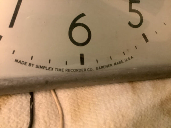 Vtg Simplex Time Recorder Co. Wall Clock square untested