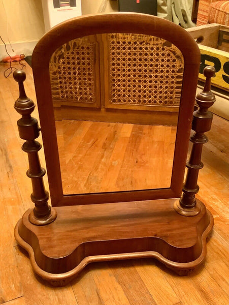 Antique Vtg Wood Vanity Shaving Stand Dresser Table Top Swivel Beveled Mirror