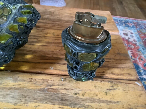 Mid century Vtg dot MCM green glass wire metal Table Top Lighter Ashtray Set