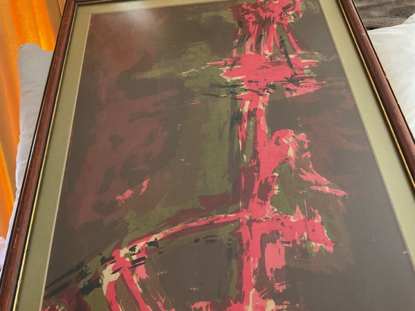 Vintage mid century  red green  Framed wood  frame Abstract Art print wall art