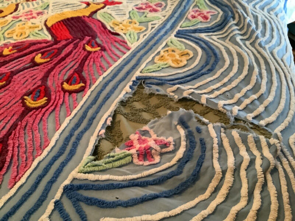 Vintage red pink Blue Peacock & Flowers  Chenille Bedspread  Flaws