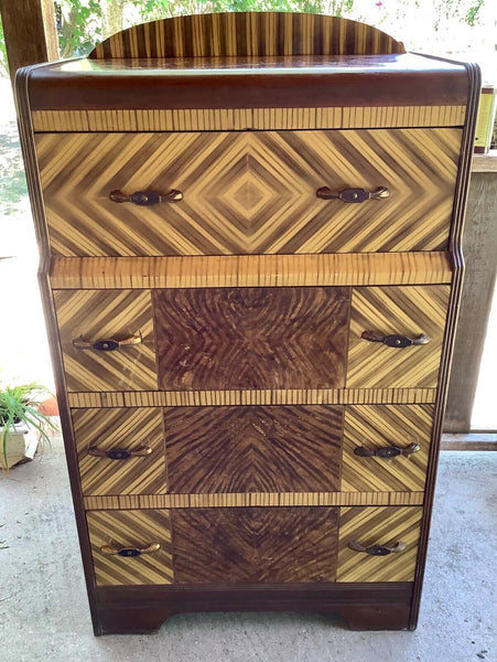 Vtg antique Art Deco Waterfall Highboy Dresser  chest of drawers pulls hardware