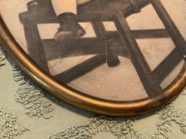 Antique Oval Brass Frame no Bubble Glass Vintage child Photo photograph