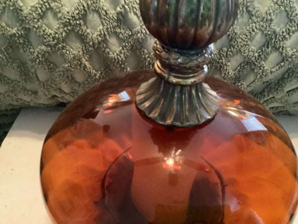 Vtg Mid Century Iridescent Amber Glass Saucer & Brass Hollywood  regency  lamp