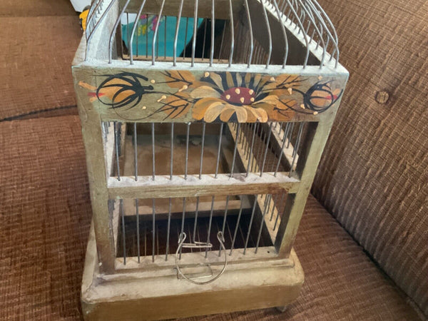 Vintage Bird Cage  birdcage wedding Hand Painted Flowers Wood Wire tray