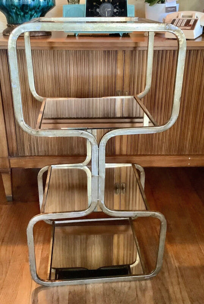 Vtg Brass gold  mirror Plant Stand Table Metal geometric mcm Regency mid century