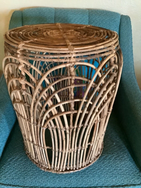 Vtg end table Plant Stand Ottoman Stool Twig Rattan Wicker Boho Mid Century wood