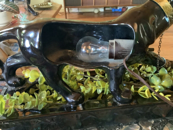 Vintage mid century mcm Black Panther cat  Green Eyes Lane TV Lamp Brass base