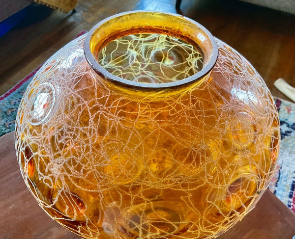 Mid Century Modern Amber Thumbprint spaghetti Glass swag table Lamp Light Vtg