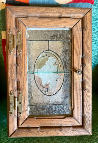 Antique Vtg Oak Wood wall Medicine Cabinet chest Glass Shelf etched roses mirror