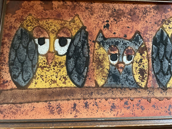 Vtg Lois S Becker 1967 owl painting Art Wood Frame Signed 1960s mid century mcm