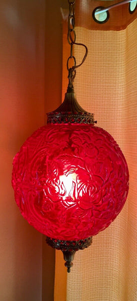 Vintage MCM Ruby Red Glass Hanging Swag Lamp mid century modern retro roses