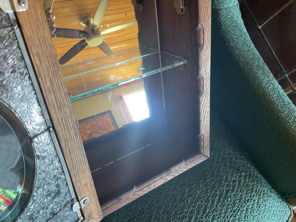 Antique Vtg Oak Wood wall Medicine Cabinet chest Glass Shelf etched roses mirror