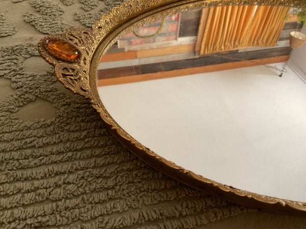 Vtg MID CENTUry FILIGREE ORMOLU VANITY PERFUME TRAY mirror regency