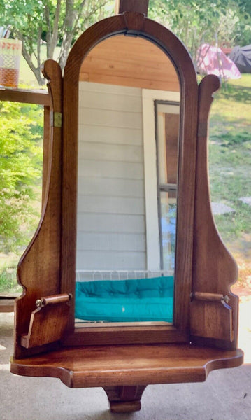 Vtg  wood wooden entryway hallway wall MIRROR shelf mail holder mid century mcm