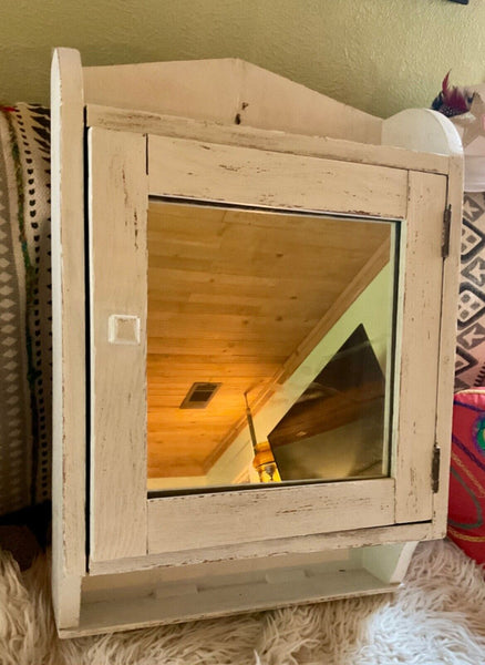 Vtg antique Wood Wooden Medicine Cabinet chest White Mirror Shelf  Rustic Wall