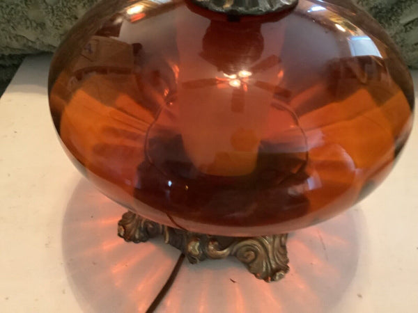 Vtg Mid Century Iridescent Amber Glass Saucer & Brass Hollywood  regency  lamp