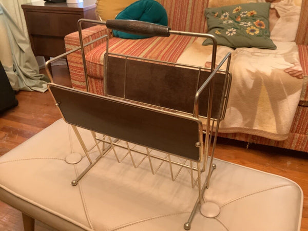 Vtg mid century mcm Atomic Magazine Rack Record Holder Gold Tone METAL wire WOOD