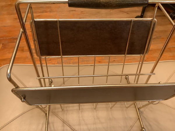 Vtg mid century mcm Atomic Magazine Rack Record Holder Gold Tone METAL wire WOOD