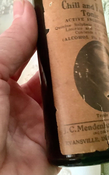 Vtg Mendenhall's Malaria Chill and Fever Tonic Amber Glass Bottle label full