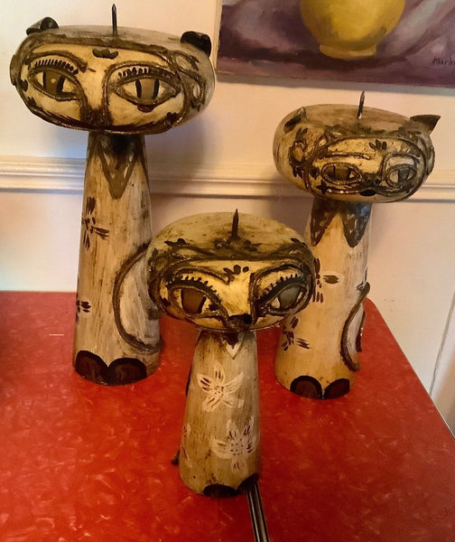 Vtg lot 3 mid century modern retro wood wooden Cat Candle holders candelabra
