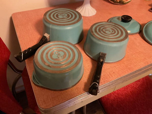 VTG CLUB ALUMINUM Sauce Pots Dutch  w/ Lids (3) Mid Century Modern Aqua