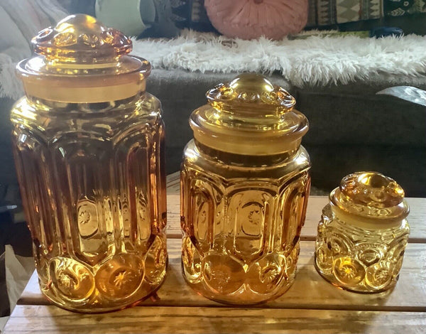 Vintage set of 3  Mid Century L.E. Smith moon & stars glass canisters with lids