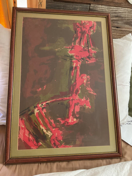 Vintage mid century  red green  Framed wood  frame Abstract Art print wall art