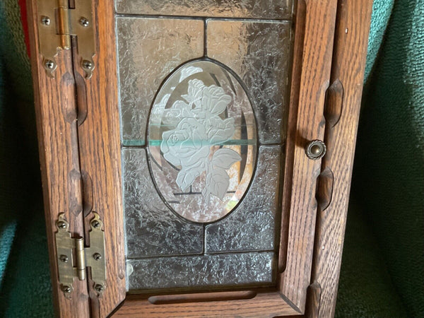 Antique Vtg Oak Wood wall Medicine Cabinet chest Glass Shelf etched roses mirror