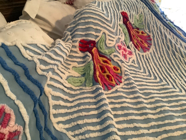 Vintage red pink Blue Peacock & Flowers  Chenille Bedspread  Flaws