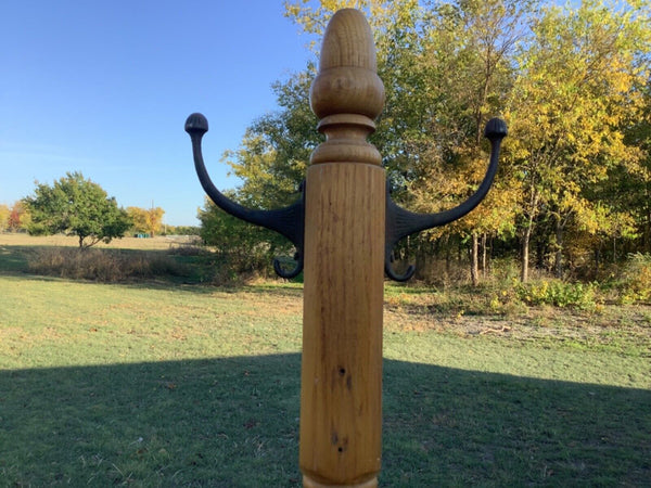 Antique vintage wooden wood Oak Hall Tree Coat Hat Rack brass hooks