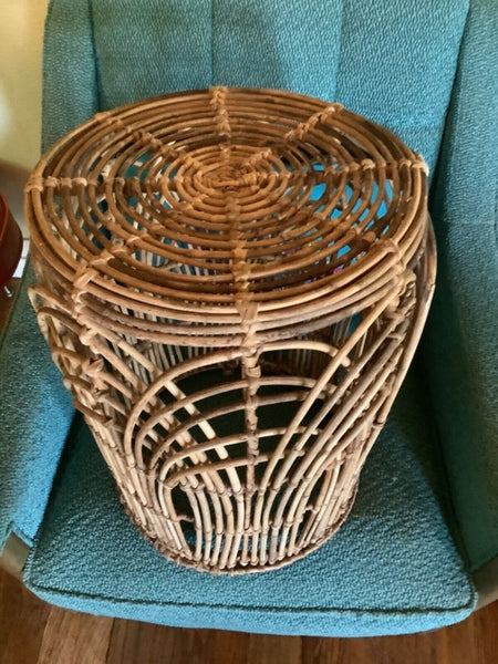 Vtg end table Plant Stand Ottoman Stool Twig Rattan Wicker Boho Mid Century wood