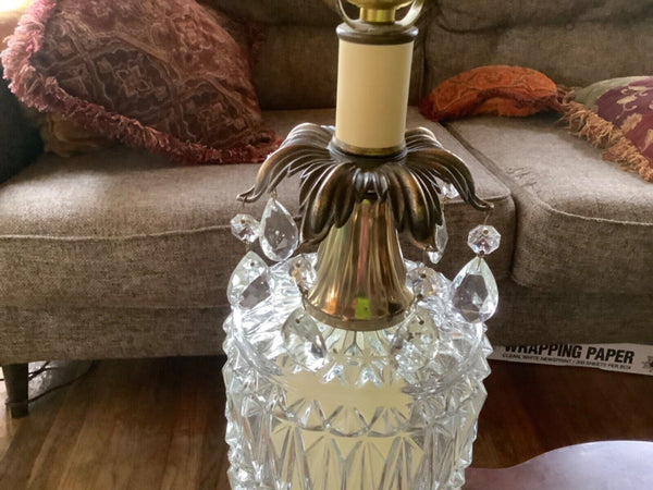 Vtg mid century Crystal cut glass Cylinder Table desk Lamp Hollywood Regency