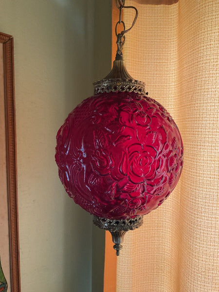 Vintage MCM Ruby Red Glass Hanging Swag Lamp mid century modern retro roses