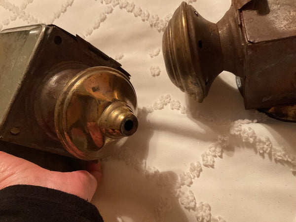 Pair Antique Brass Wagon Carriage Driving Lantern Lamp Lights Vintage